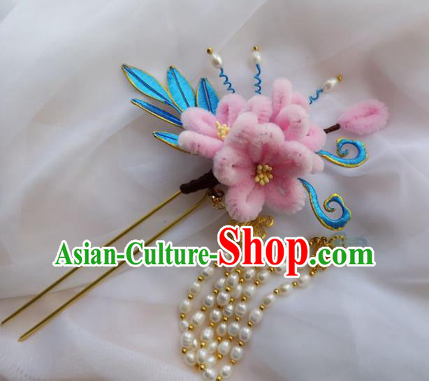 China Ming Dynasty Pearls Tassel Hairpin Traditional Hanfu Hair Accessories Ancient Princess Pink Velvet Plum Hair Stick