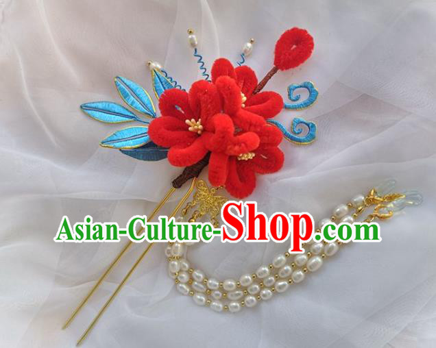 China Ming Dynasty Hairpin Traditional Hanfu Hair Accessories Ancient Princess Red Velvet Plum Hair Stick