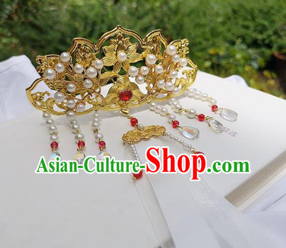 China Ancient Princess Phoenix Hair Stick Traditional Hanfu Hair Accessories Ming Dynasty Golden Lotus Hair Crown