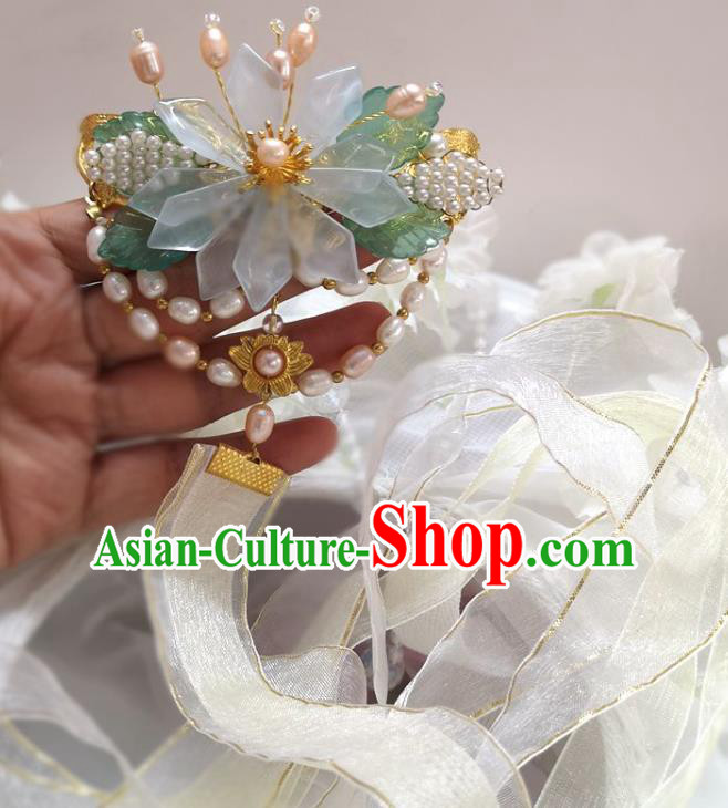 China Ming Dynasty White Ribbon Tassel Hairpin Traditional Hanfu Hair Accessories Ancient Princess Epiphyllum Hair Stick