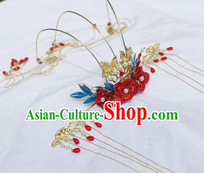 China Ancient Princess Hair Stick Traditional Hanfu Hair Accessories Wedding Red Silk Flowers Hair Crown