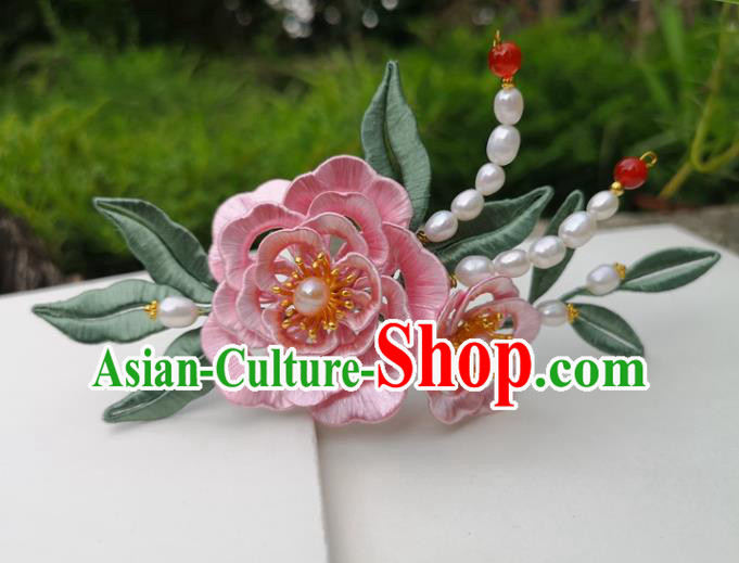 China Ancient Princess Pink Silk Peony Hairpin Traditional Hanfu Hair Accessories Ming Dynasty Pearls Hair Stick