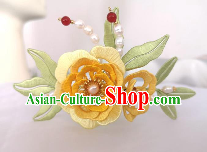 China Traditional Hanfu Hair Accessories Ming Dynasty Pearls Hair Stick Ancient Princess Yellow Silk Peony Hairpin
