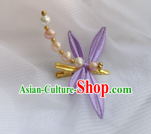 China Ming Dynasty Pearls Dragonfly Hair Stick Traditional Hanfu Hair Accessories Ancient Princess Lilac Silk Hairpin