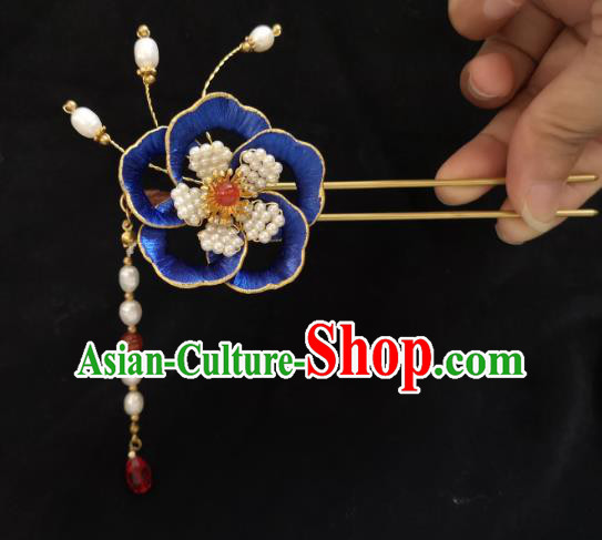 China Ming Dynasty Blue Silk Peony Hairpin Traditional Hanfu Hair Accessories Ancient Princess Pearls Tassel Hair Stick