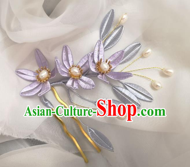 China Traditional Hanfu Hair Accessories Ancient Princess Pearls Hair Comb Ming Dynasty Lilac Silk Flowers Hairpin