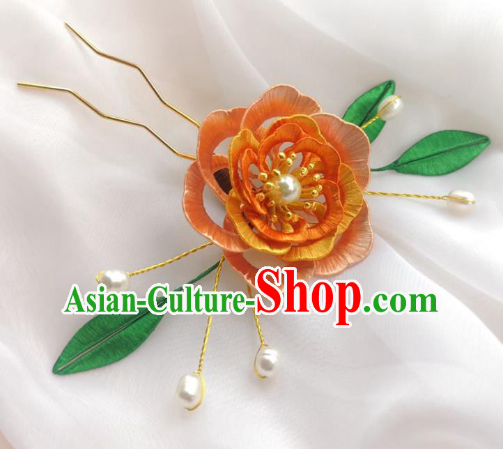 China Traditional Hanfu Hair Accessories Ancient Princess Pearls Hairpin Ming Dynasty Orange Silk Peony Hair Stick