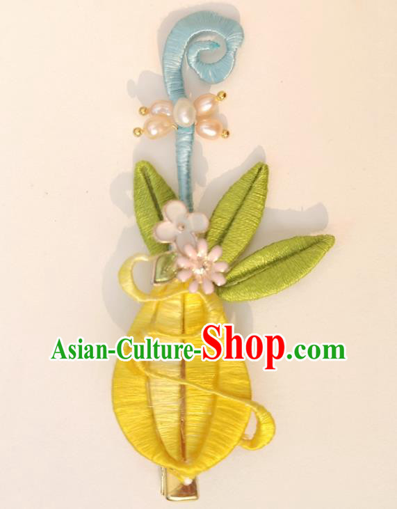 China Ancient Palace Lady Pearls Hairpin Traditional Ming Dynasty Yellow Silk Lute Hair Stick