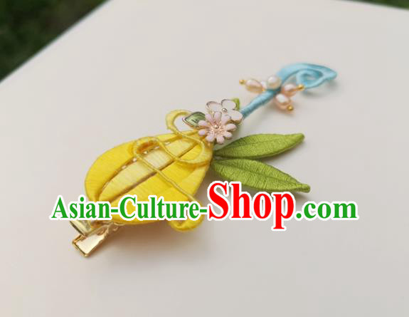 China Ancient Palace Lady Pearls Hairpin Traditional Ming Dynasty Yellow Silk Lute Hair Stick