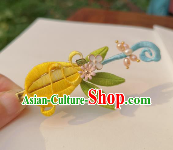 China Ancient Palace Lady Pearls Hairpin Traditional Ming Dynasty Yellow Silk Lute Hair Stick