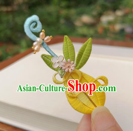 China Ancient Palace Lady Pearls Hairpin Traditional Ming Dynasty Yellow Silk Lute Hair Stick