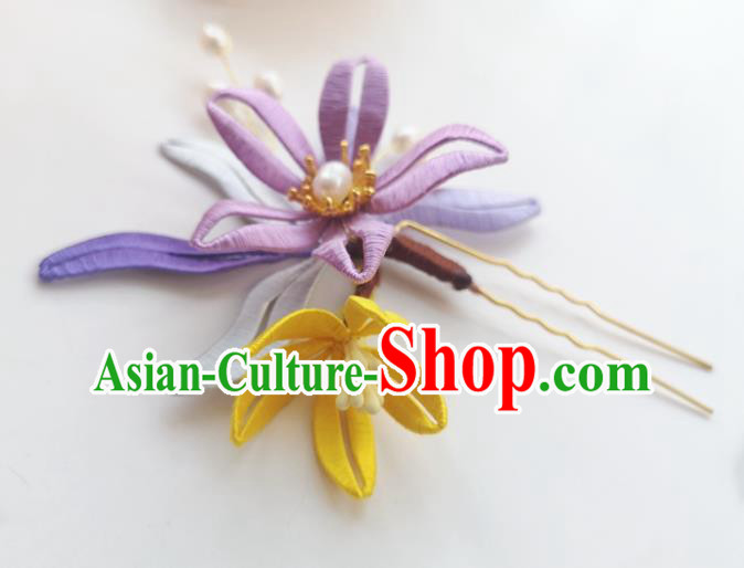 China Ancient Princess Pearls Hairpin Traditional Hanfu Hair Accessories Ming Dynasty Lilac Silk Flowers Hair Stick