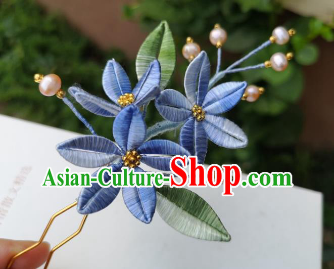 China Ancient Hanfu Blue Silk Flowers Hairpin Traditional Ming Dynasty Pearls Hair Clip