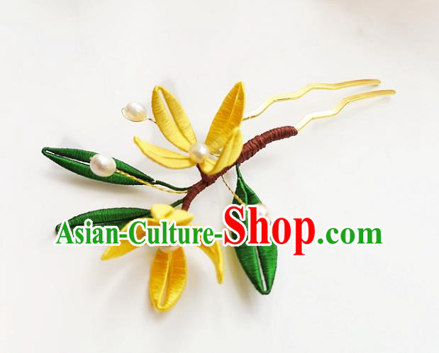 China Ancient Princess Silk Osmanthus Hairpin Traditional Hanfu Hair Accessories Ming Dynasty Pearls Hair Stick