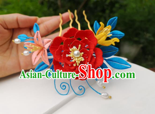 China Traditional Ming Dynasty Red Silk Peony Hair Comb Ancient Palace Lady Hairpin