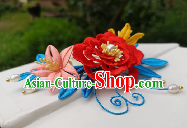 China Traditional Ming Dynasty Red Silk Peony Hair Comb Ancient Palace Lady Hairpin