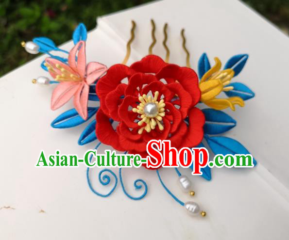 China Traditional Ming Dynasty Red Silk Peony Hair Comb Ancient Palace Lady Hairpin