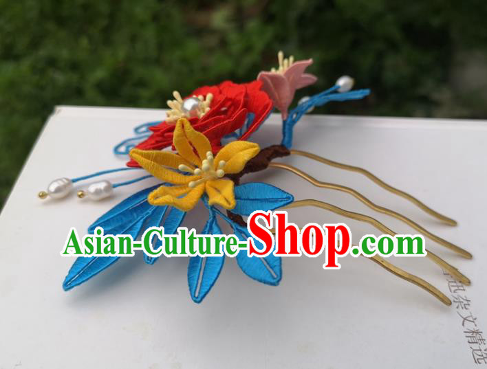 China Traditional Ming Dynasty Red Silk Peony Hair Comb Ancient Palace Lady Hairpin