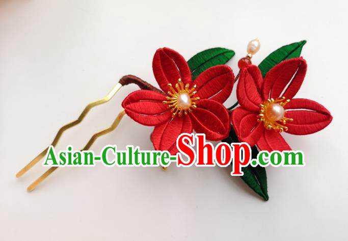 China Traditional Ming Dynasty Red Silk Flowers Hair Stick Ancient Palace Lady Pearls Hairpin