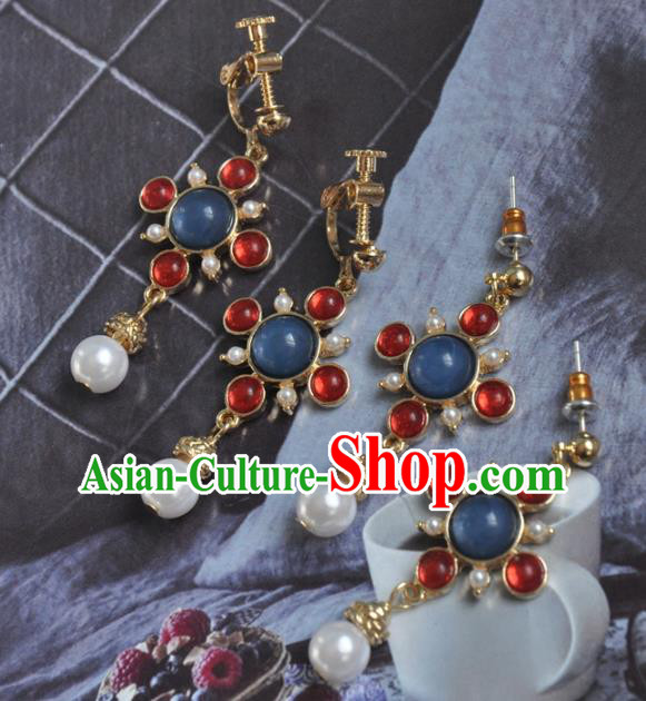 Chinese Classical Cheongsam Lapis Ear Accessories Traditional Court Red Crystal Earrings