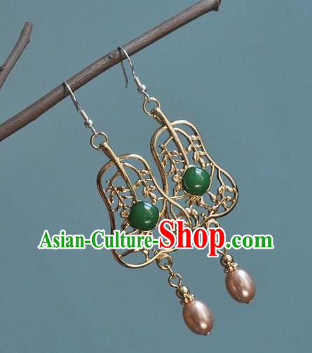 Chinese Classical Cheongsam Golden Fan Ear Accessories Traditional Court Pearl Earrings