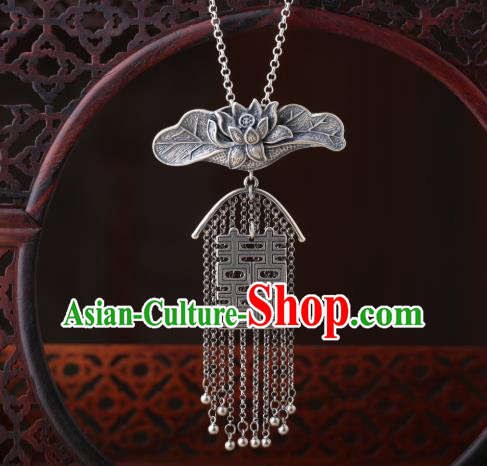 China Classical Cheongsam Silver Carving Lotus Necklace Traditional Wedding Tassel Necklet Accessories
