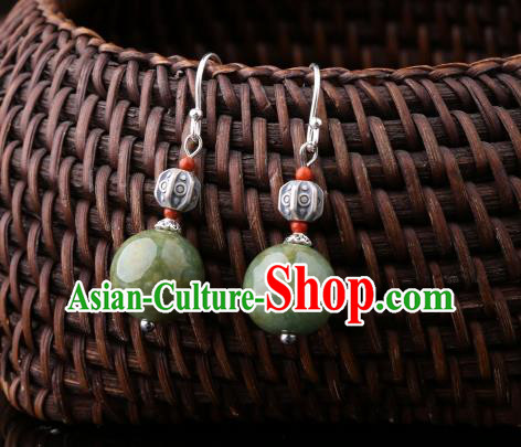 Chinese Classical Jade Bead Ear Accessories Traditional Cheongsam Silver Earrings