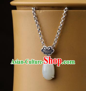 China Classical Cheongsam Silver Cloud Necklace Pendant Traditional White Jade Necklet Accessories