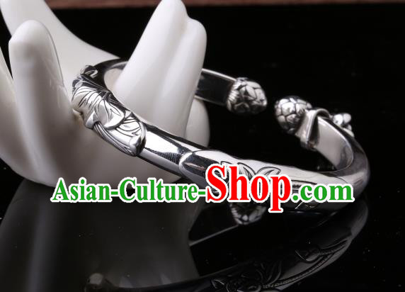 Handmade Chinese Silver Bangle Jewelry Traditional National Carving Lotus Bracelet