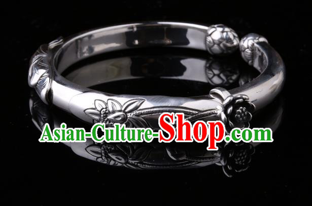 Handmade Chinese Silver Bangle Jewelry Traditional National Carving Lotus Bracelet