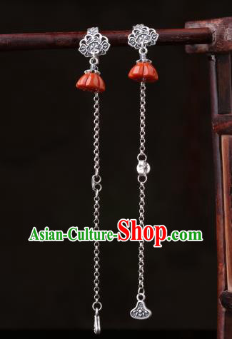 Chinese Classical Red Lotus Seedpod Ear Accessories Traditional Cheongsam Silver Long Tassel Earrings
