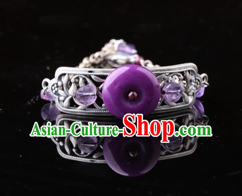 Handmade Chinese Amethyst Bangle Jewelry Traditional National Silver Carving Bracelet