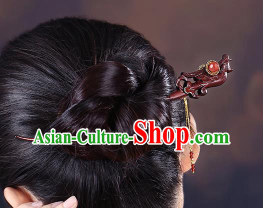 China Classical Tassel Hair Stick Traditional Cheongsam Hair Accessories Handmade Carving Phoenix Rosewood Hairpin