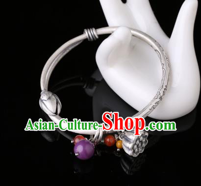 Handmade Chinese Silver Lotus Seedpod Bangle Jewelry Traditional Wristlet National Bracelet