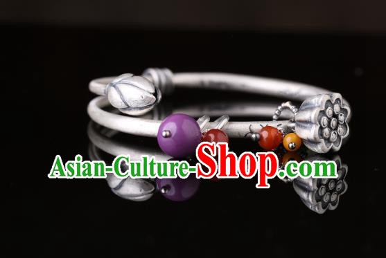 Handmade Chinese Silver Lotus Seedpod Bangle Jewelry Traditional Wristlet National Bracelet