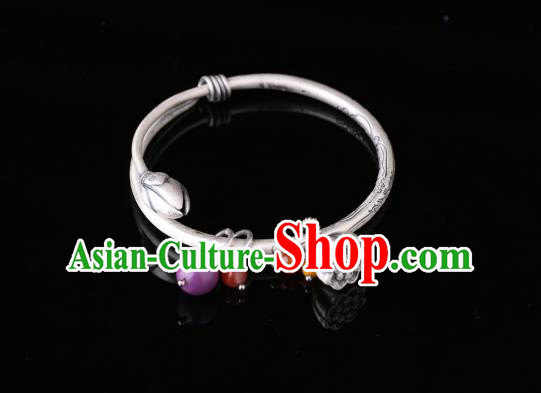 Handmade Chinese Silver Lotus Seedpod Bangle Jewelry Traditional Wristlet National Bracelet