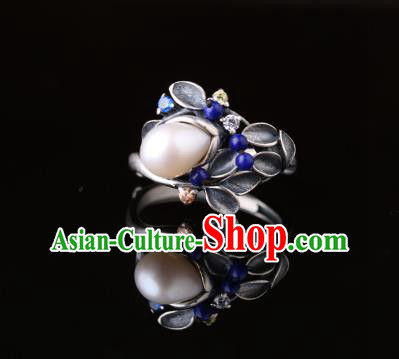 Handmade Chinese Silver Bamboo Ring Jewelry Traditional National Lapis Circlet
