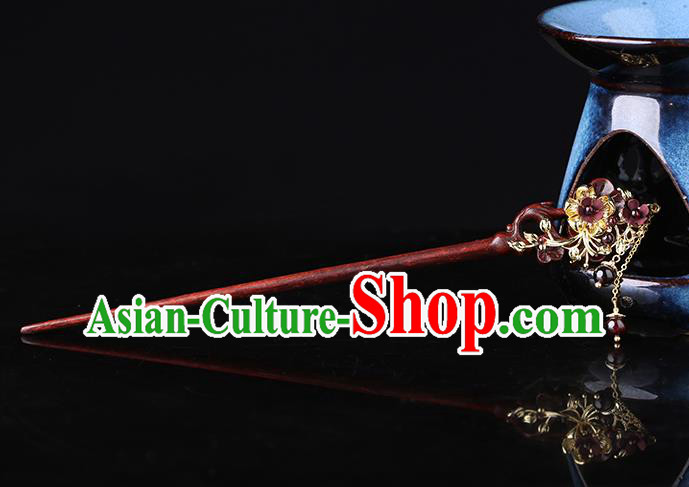 China Classical Garnet Tassel Hair Stick Traditional Cheongsam Hair Accessories Handmade Rosewood Hairpin