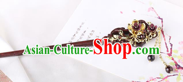 China Classical Garnet Tassel Hair Stick Traditional Cheongsam Hair Accessories Handmade Rosewood Hairpin