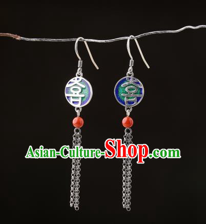 Chinese Classical Wedding Silver Ear Accessories Traditional Cheongsam Cloisonne Earrings