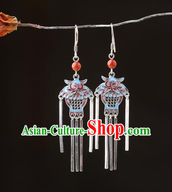 Chinese Classical Wedding Silver Tassel Ear Accessories Traditional Cheongsam Cloisonne Basket Earrings