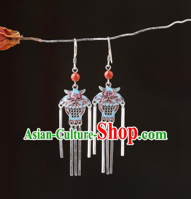 Chinese Classical Wedding Silver Tassel Ear Accessories Traditional Cheongsam Cloisonne Basket Earrings