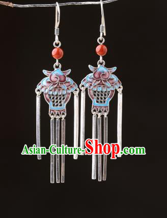 Chinese Classical Wedding Silver Tassel Ear Accessories Traditional Cheongsam Cloisonne Basket Earrings