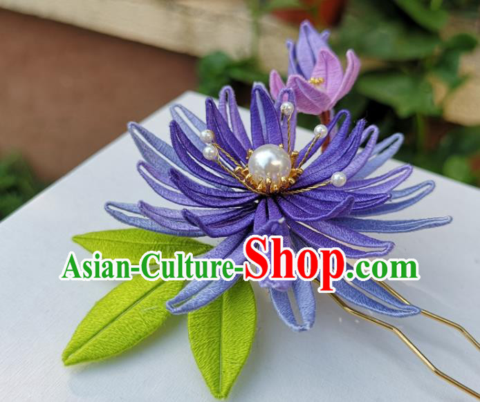 China Ancient Princess Hairpin Traditional Ming Dynasty Purple Silk Epiphyllum Hair Stick