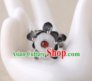 Handmade Chinese National White Jade Ring Jewelry Traditional Silver Lotus Circlet