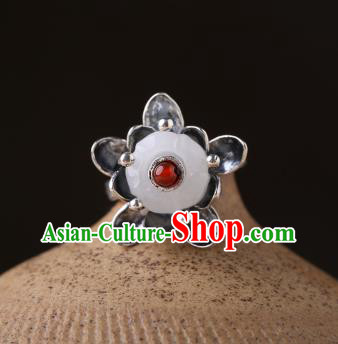 Handmade Chinese National White Jade Ring Jewelry Traditional Silver Lotus Circlet