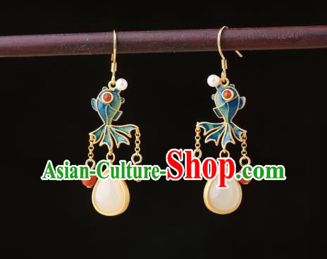 Chinese Classical Enamel Goldfish Ear Accessories Traditional Cheongsam Jade Tassel Earrings