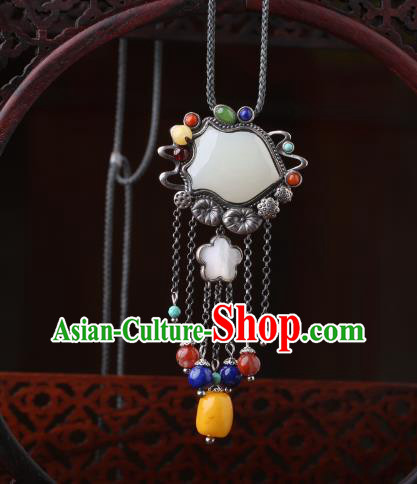 China Classical White Jade Silver Necklace Pendant Traditional Cheongsam Beeswax Tassel Accessories