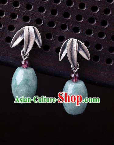 Chinese Classical Silver Bamboo Leaf Ear Accessories Traditional Cheongsam Jade Earrings