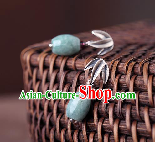 Chinese Classical Silver Bamboo Leaf Ear Accessories Traditional Cheongsam Jade Earrings